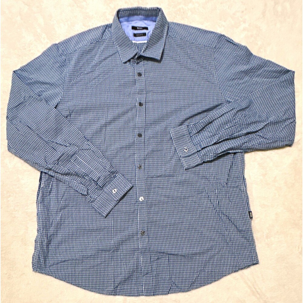 BOSS HUGO BOSS Mens XL Blue White Check Cotton Long Sleeve Button-Up Shirt